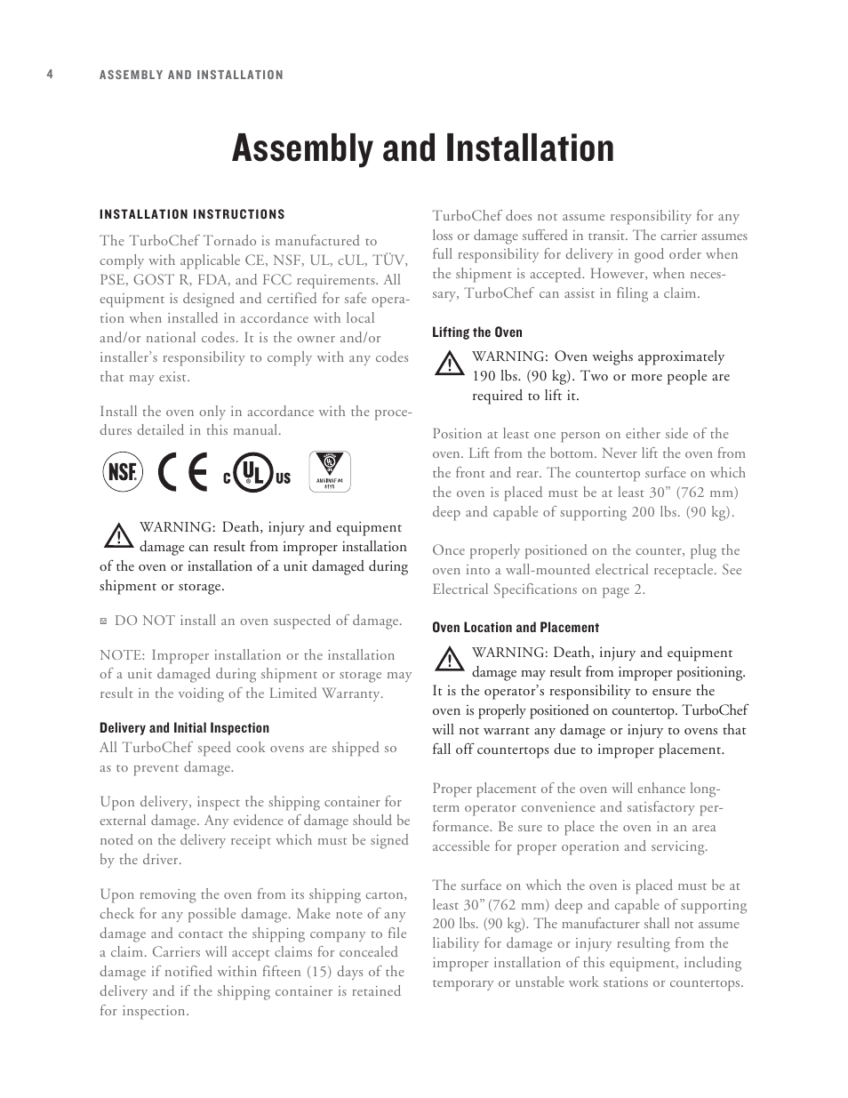 Assembly and installation | TurboChef Technologies Tornado User Manual | Page 14 / 48