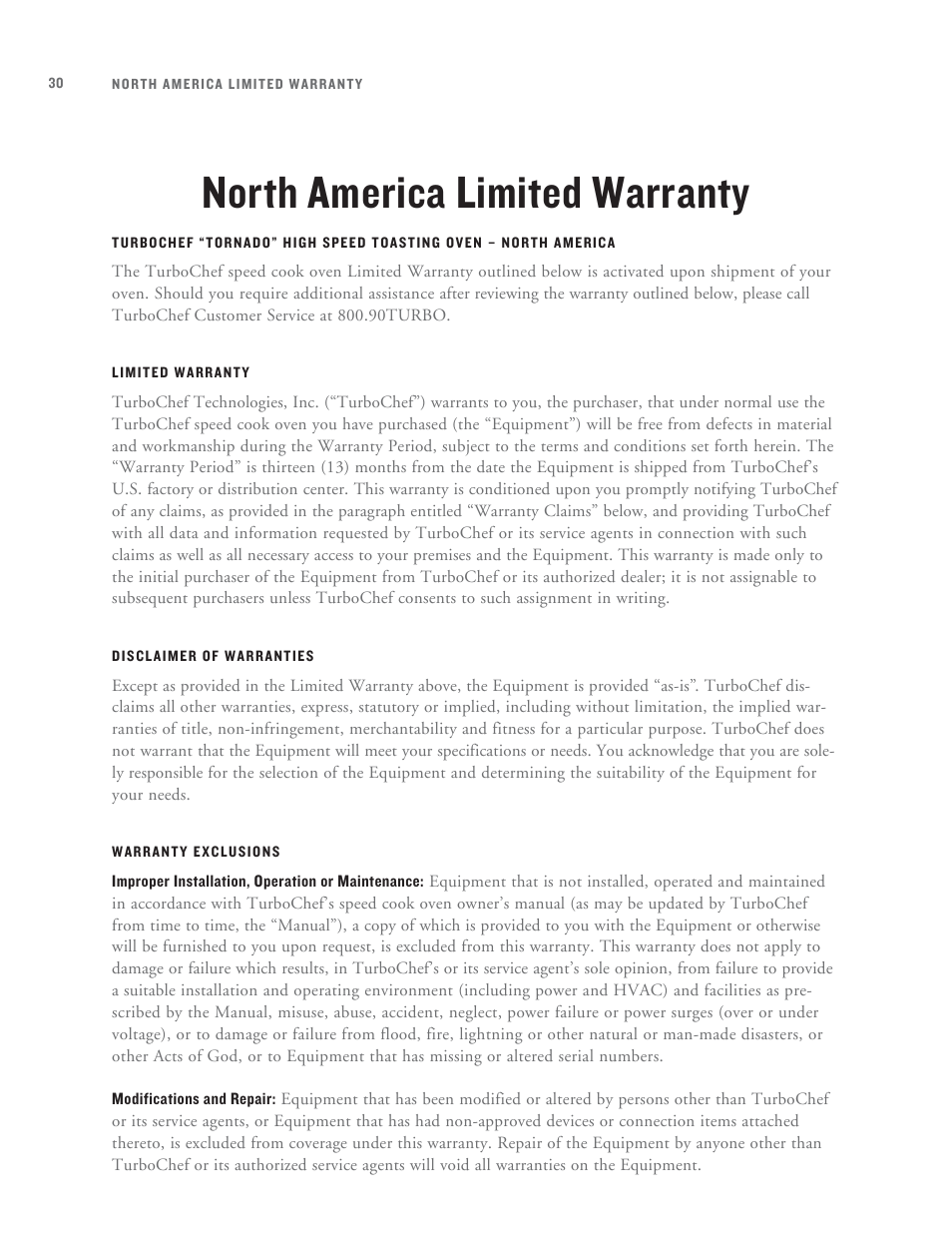 North america limited warranty | TurboChef Technologies Tornado User Manual | Page 40 / 48