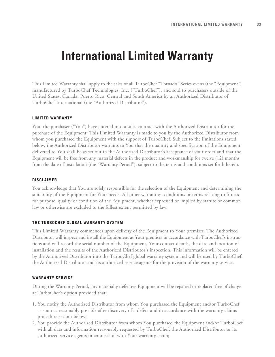 International limited warranty | TurboChef Technologies Tornado User Manual | Page 43 / 48