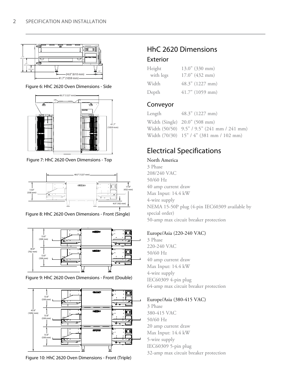 Hhc 2620 dimensions, Electrical specifications, Exterior | Conveyor, Specification and installation | TurboChef Technologies TurboChef High h Conveyor 2020 User Manual | Page 10 / 36