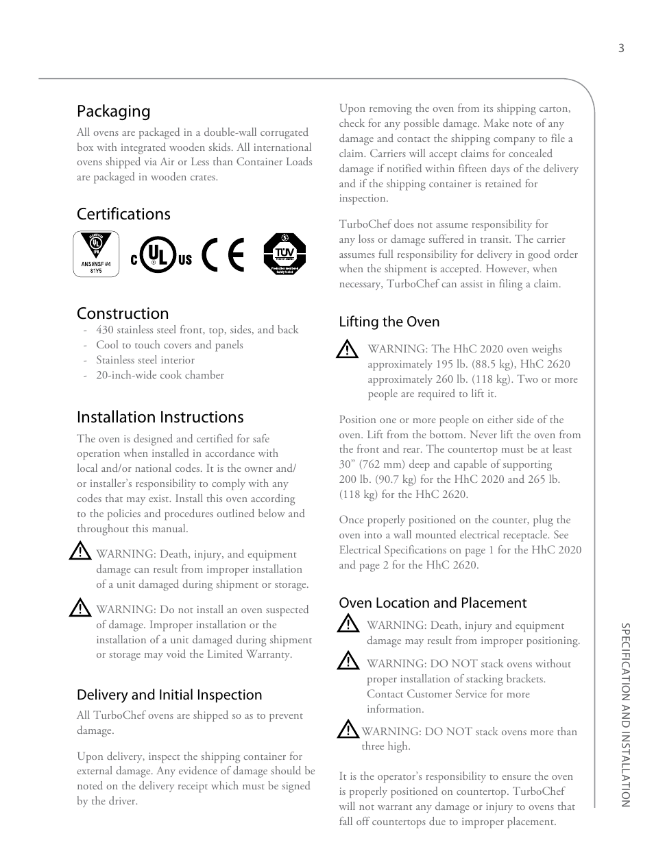 Packaging, Certifications construction, Installation instructions | TurboChef Technologies TurboChef High h Conveyor 2020 User Manual | Page 11 / 36