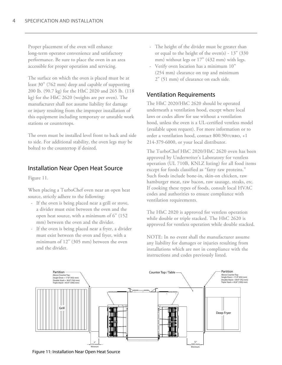 Installation near open heat source, Ventilation requirements | TurboChef Technologies TurboChef High h Conveyor 2020 User Manual | Page 12 / 36