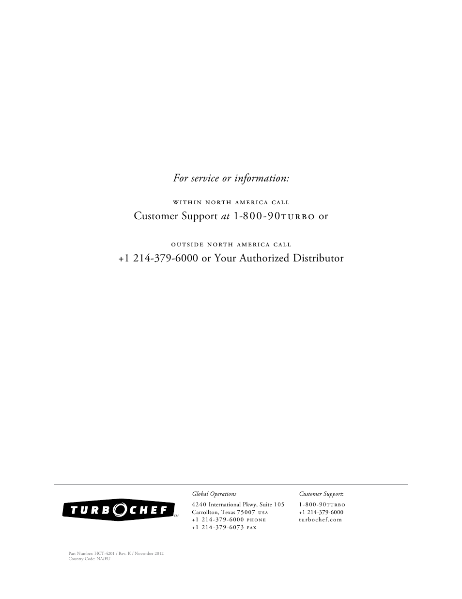 For service or information | TurboChef Technologies TurboChef High h Conveyor 2020 User Manual | Page 36 / 36