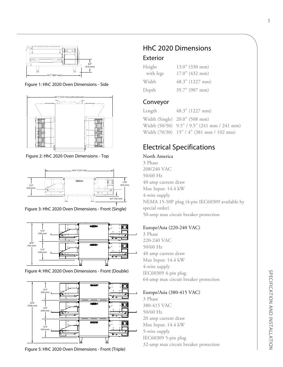 Hhc 2020 dimensions, Electrical specifications, Exterior | Conveyor, Sp eci fication and installation | TurboChef Technologies TurboChef High h Conveyor 2020 User Manual | Page 9 / 36