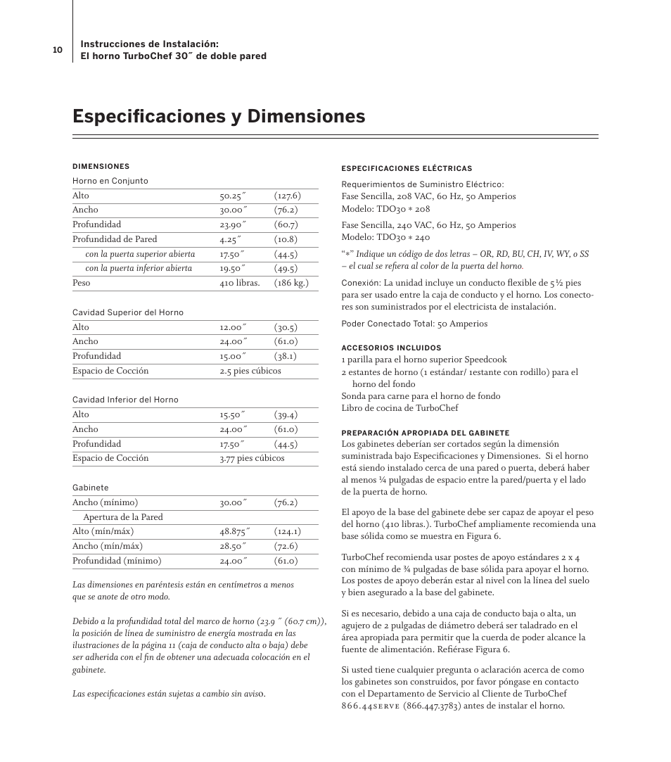 Especificaciones y dimensiones | TurboChef Technologies TDO30 * 208 User Manual | Page 10 / 12