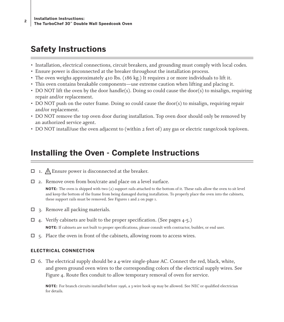 Safety instructions, Installing the oven - complete instructions | TurboChef Technologies TDO30 * 208 User Manual | Page 2 / 12