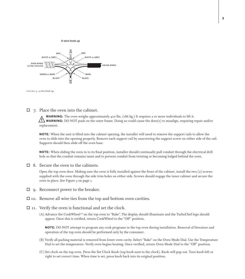 Place the oven into the cabinet, Secure the oven to the cabinets, Reconnect power to the breaker | Verify the oven is functional and set the clock | TurboChef Technologies TDO30 * 208 User Manual | Page 3 / 12