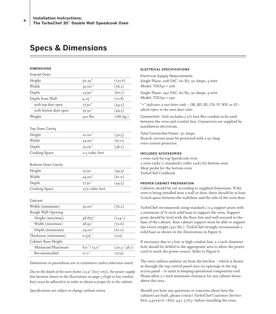 Specs & dimensions | TurboChef Technologies TDO30 * 208 User Manual | Page 4 / 12