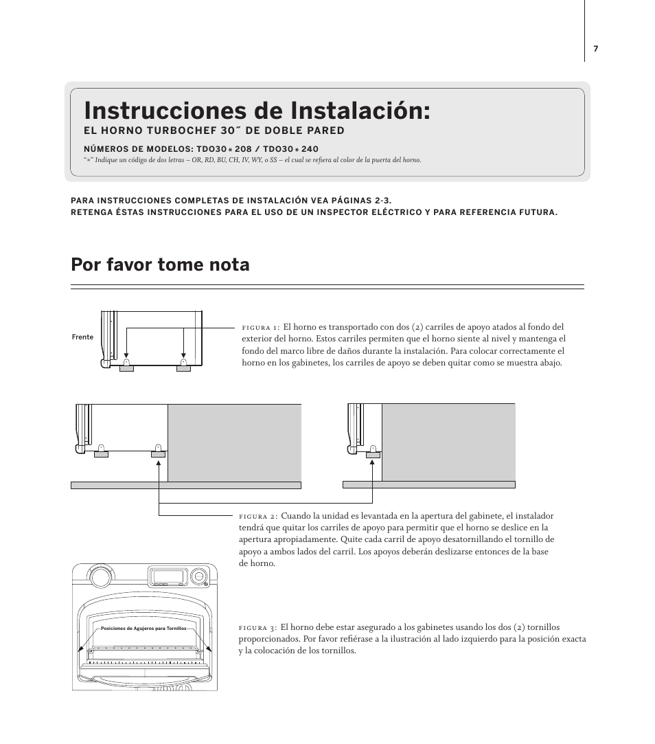 Instrucciones de instalación, Por favor tome nota | TurboChef Technologies TDO30 * 208 User Manual | Page 7 / 12