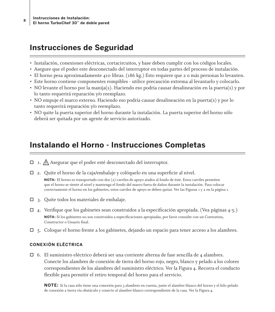 Instrucciones de seguridad, Instalando el horno - instrucciones completas | TurboChef Technologies TDO30 * 208 User Manual | Page 8 / 12