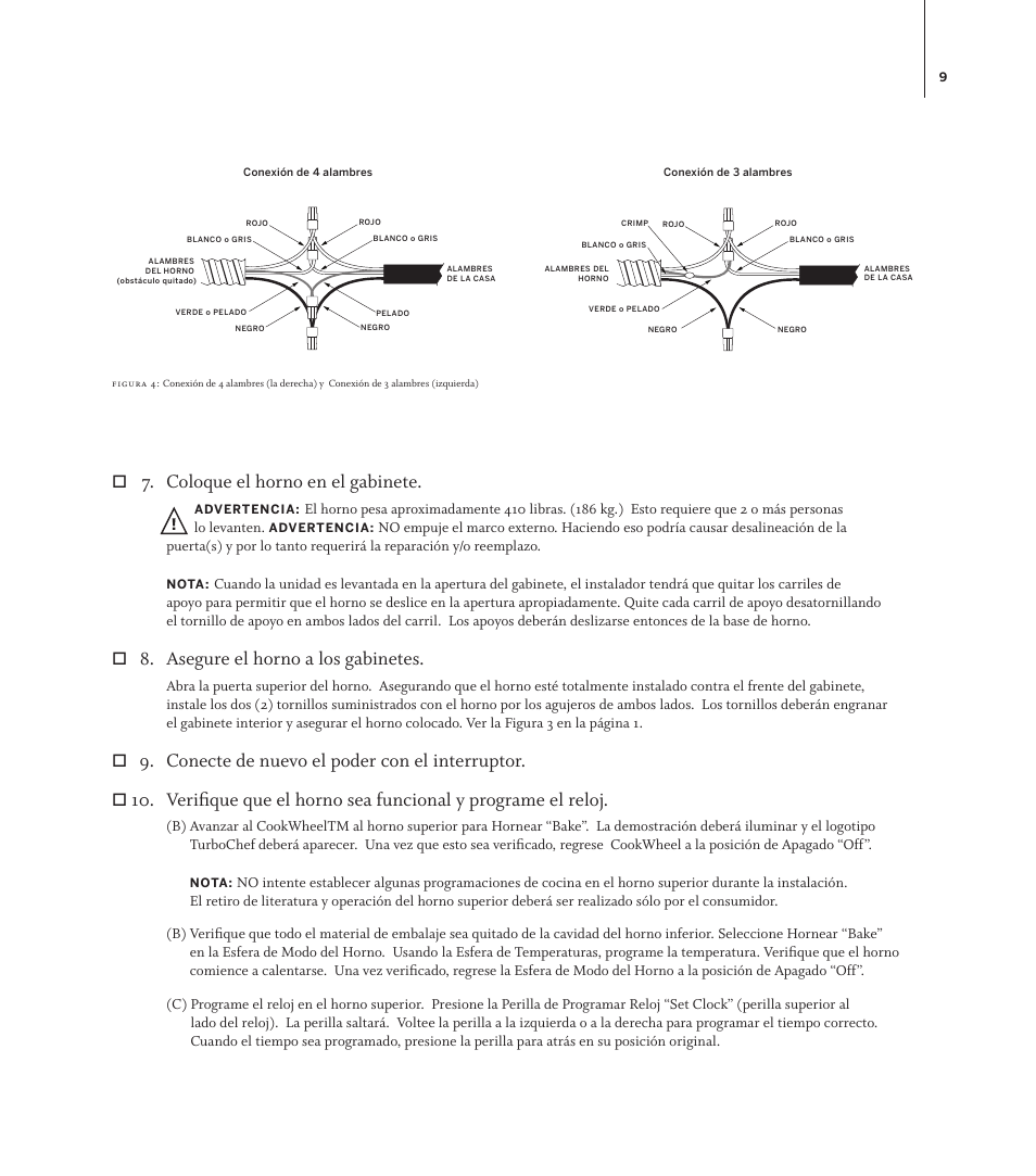 Coloque el horno en el gabinete, Asegure el horno a los gabinetes, Conecte de nuevo el poder con el interruptor | TurboChef Technologies TDO30 * 208 User Manual | Page 9 / 12