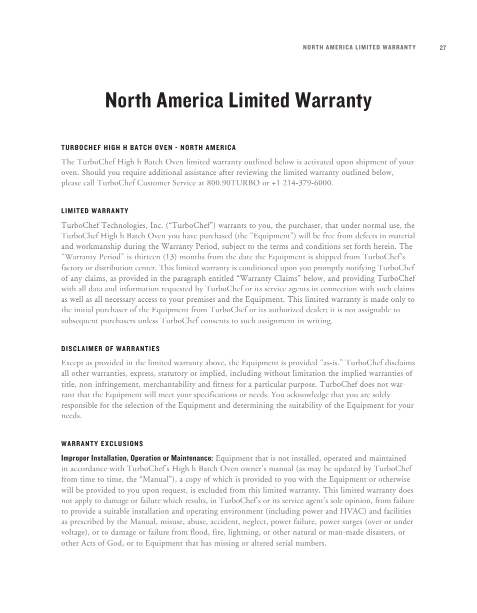 North america limited warranty | TurboChef Technologies High h Batch User Manual | Page 35 / 45