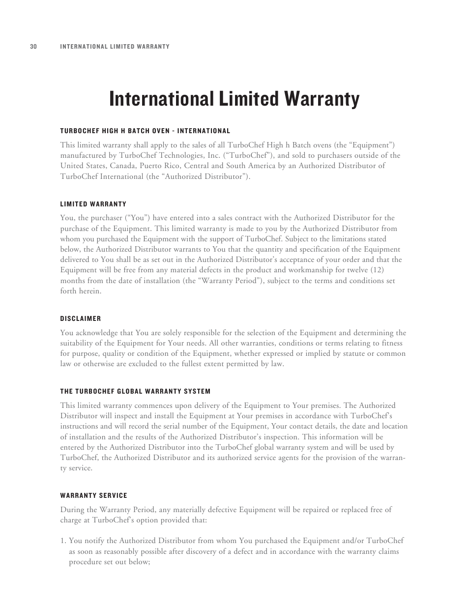 International limited warranty | TurboChef Technologies High h Batch User Manual | Page 38 / 45