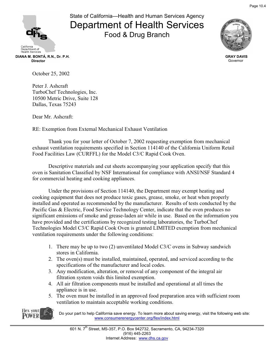 Department of health services, Food & drug branch | TurboChef Technologies Tornado 2 User Manual | Page 20 / 38