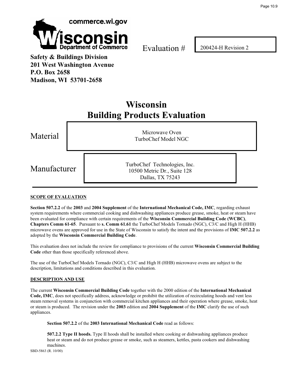 Wisconsin building products evaluation, Evaluation, Material manufacturer | TurboChef Technologies Tornado 2 User Manual | Page 25 / 38