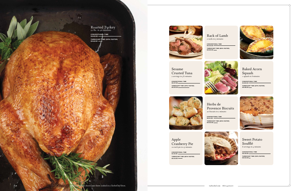 Roasted turkey, Apple cranberry pie, Herbs de provence biscuits | Sesame crusted tuna, Sweet potato soufflé, Baked acorn squash, Rack of lamb | TurboChef Technologies TDO30 * 240 User Manual | Page 6 / 9