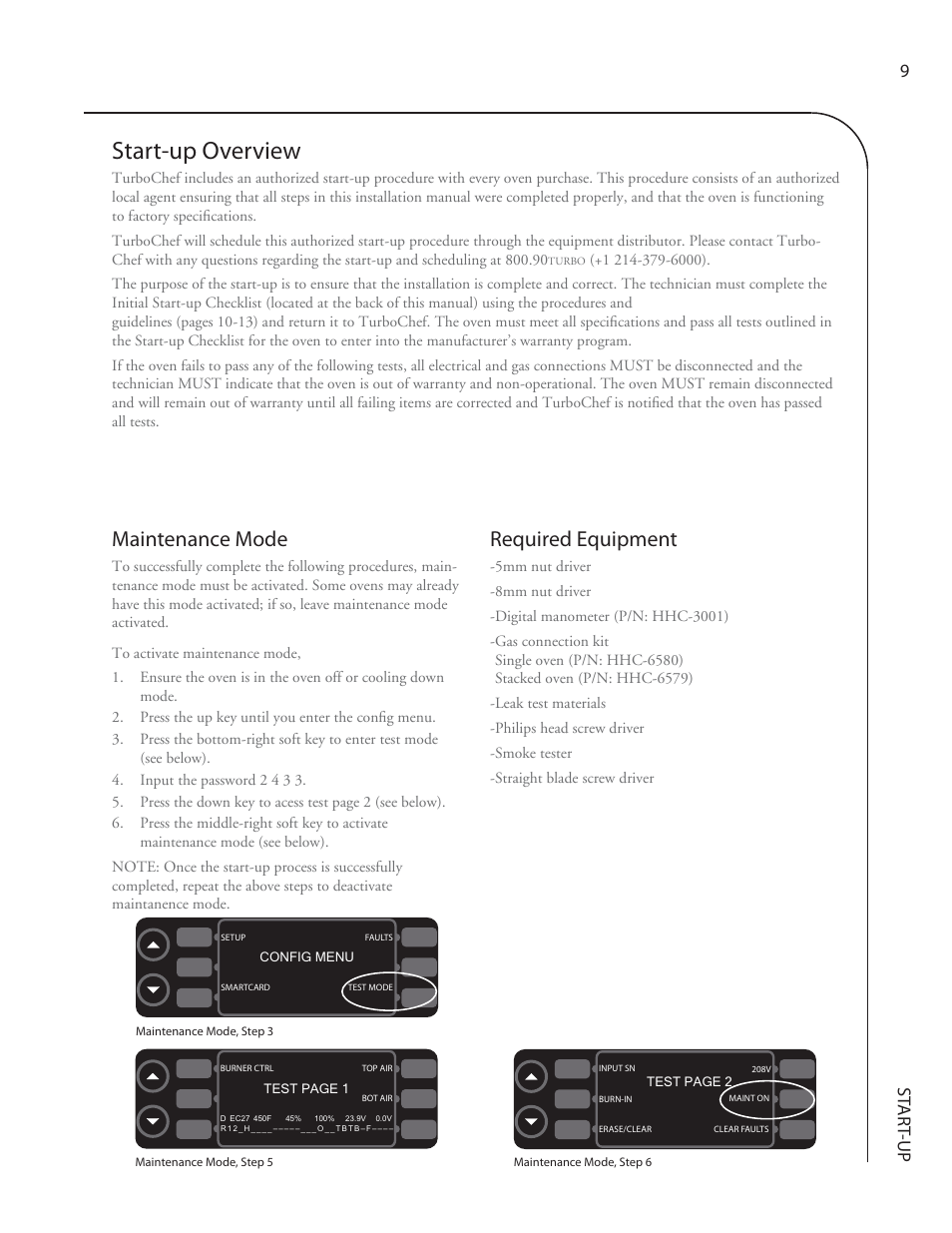 Start-up overview, Required equipment, Maintenance mode | St ar t -up 9, Config menu, Test page 1, Test page 2 | TurboChef Technologies 3240 User Manual | Page 13 / 22
