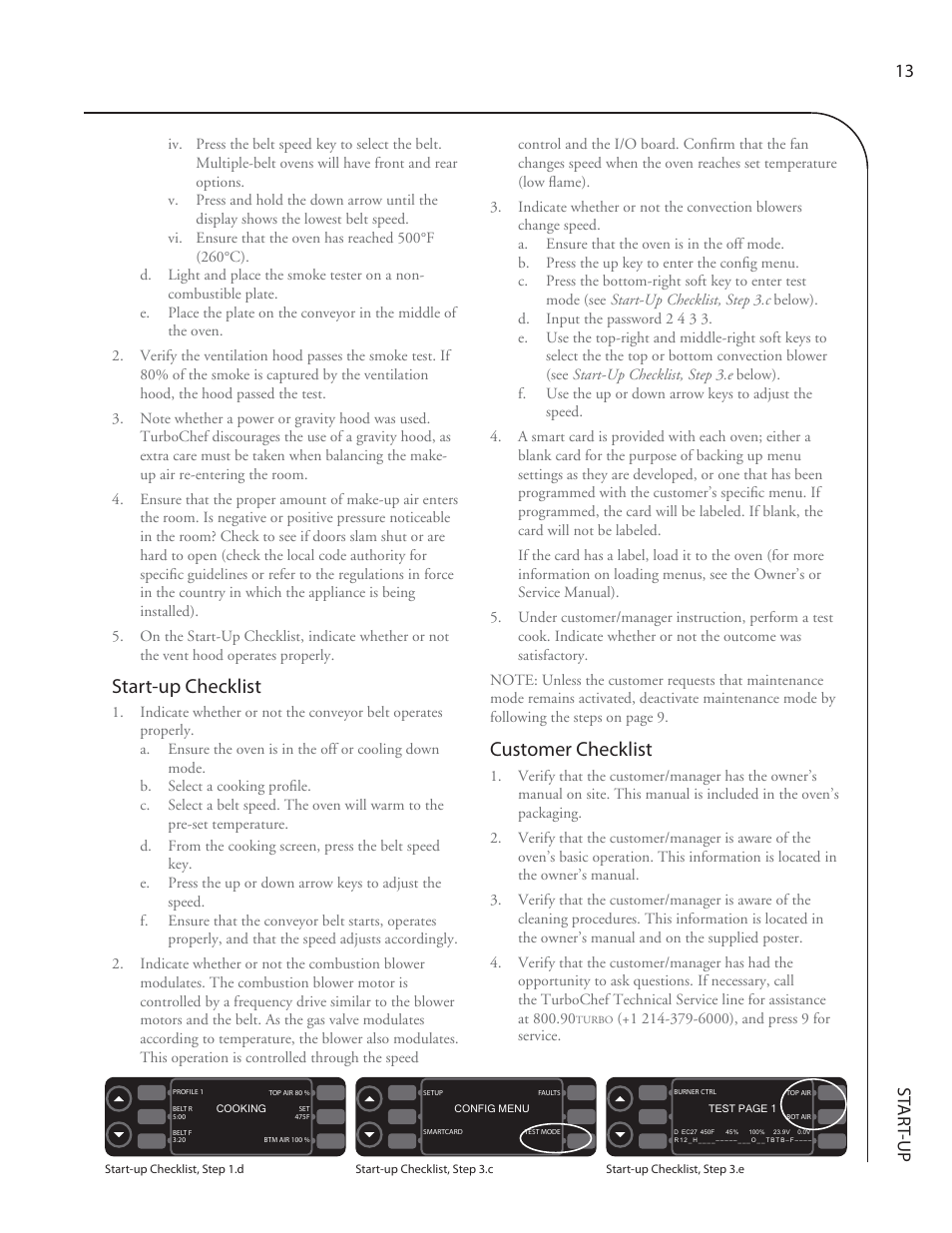 Customer checklist, Start-up checklist, St ar t -up 13 | TurboChef Technologies 3240 User Manual | Page 17 / 22