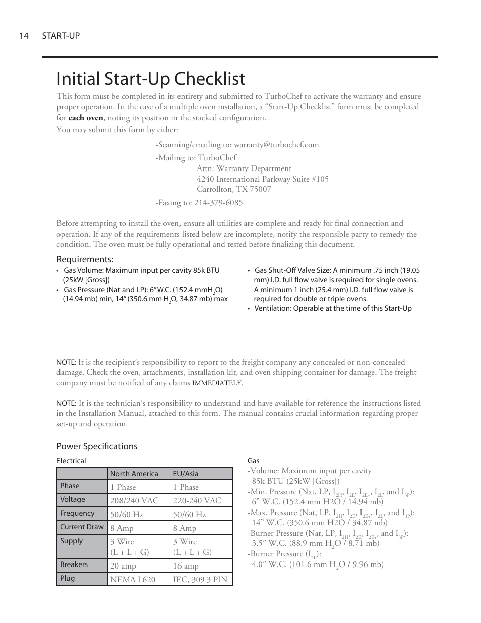 Initial start-up checklist | TurboChef Technologies 3240 User Manual | Page 18 / 22