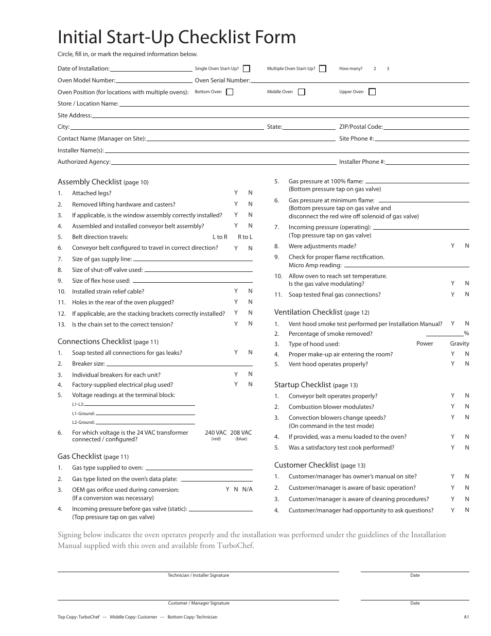 Initial start-up checklist form | TurboChef Technologies 3240 User Manual | Page 19 / 22