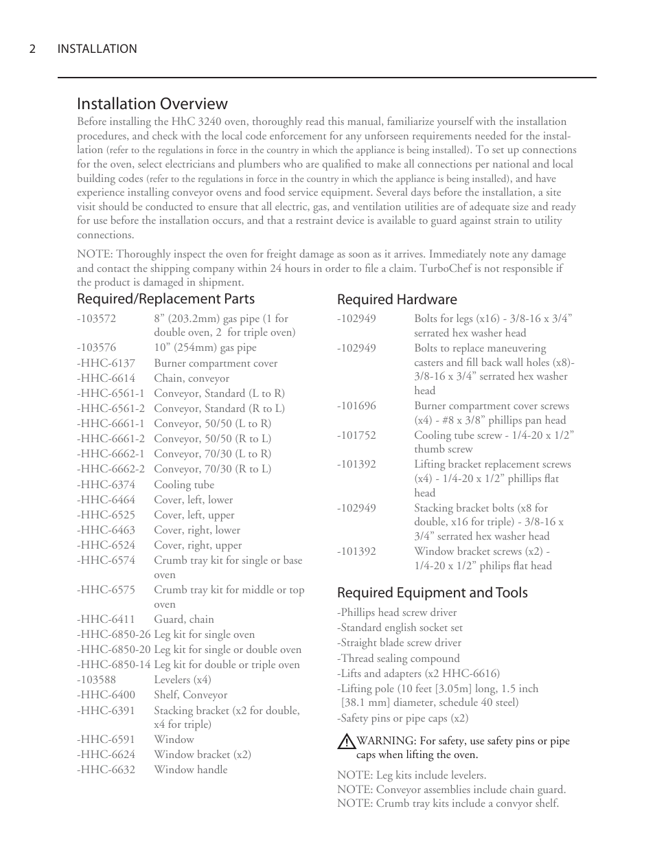 Installation overview, Required/replacement parts, Required hardware | Required equipment and tools | TurboChef Technologies 3240 User Manual | Page 6 / 22