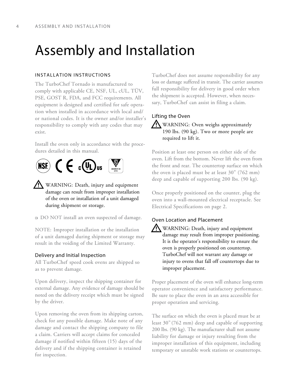 Assembly and installation | TurboChef Technologies Rapid Cook Oven Tornado User Manual | Page 12 / 44