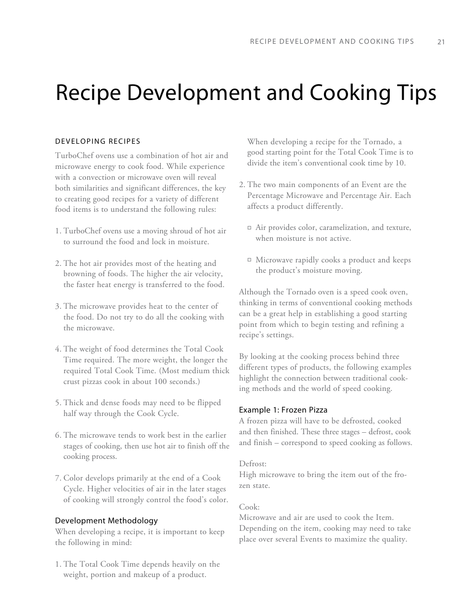 Recipe development and cooking tips | TurboChef Technologies Rapid Cook Oven Tornado User Manual | Page 29 / 44