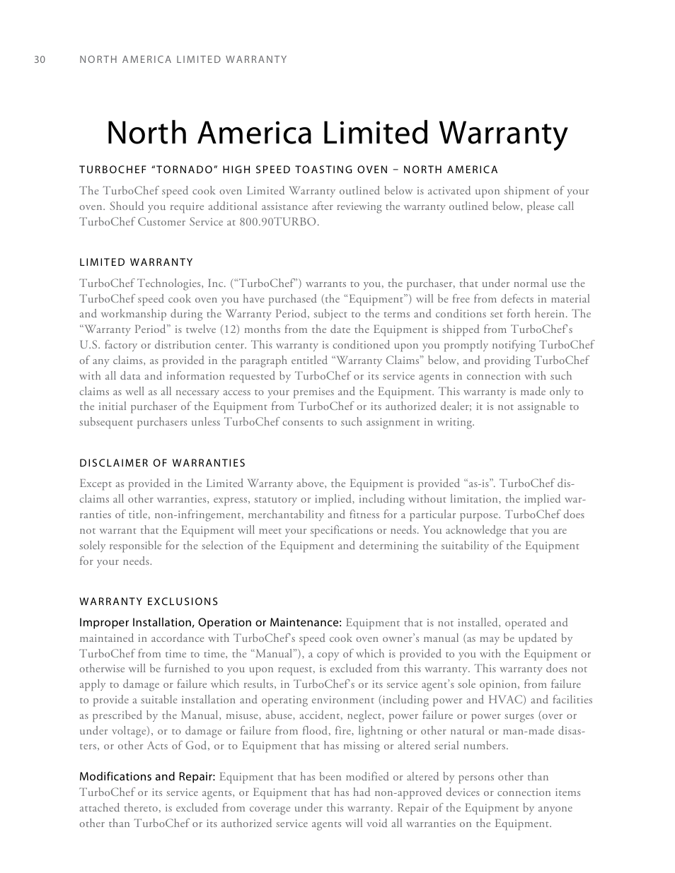 North america limited warranty | TurboChef Technologies Rapid Cook Oven Tornado User Manual | Page 38 / 44