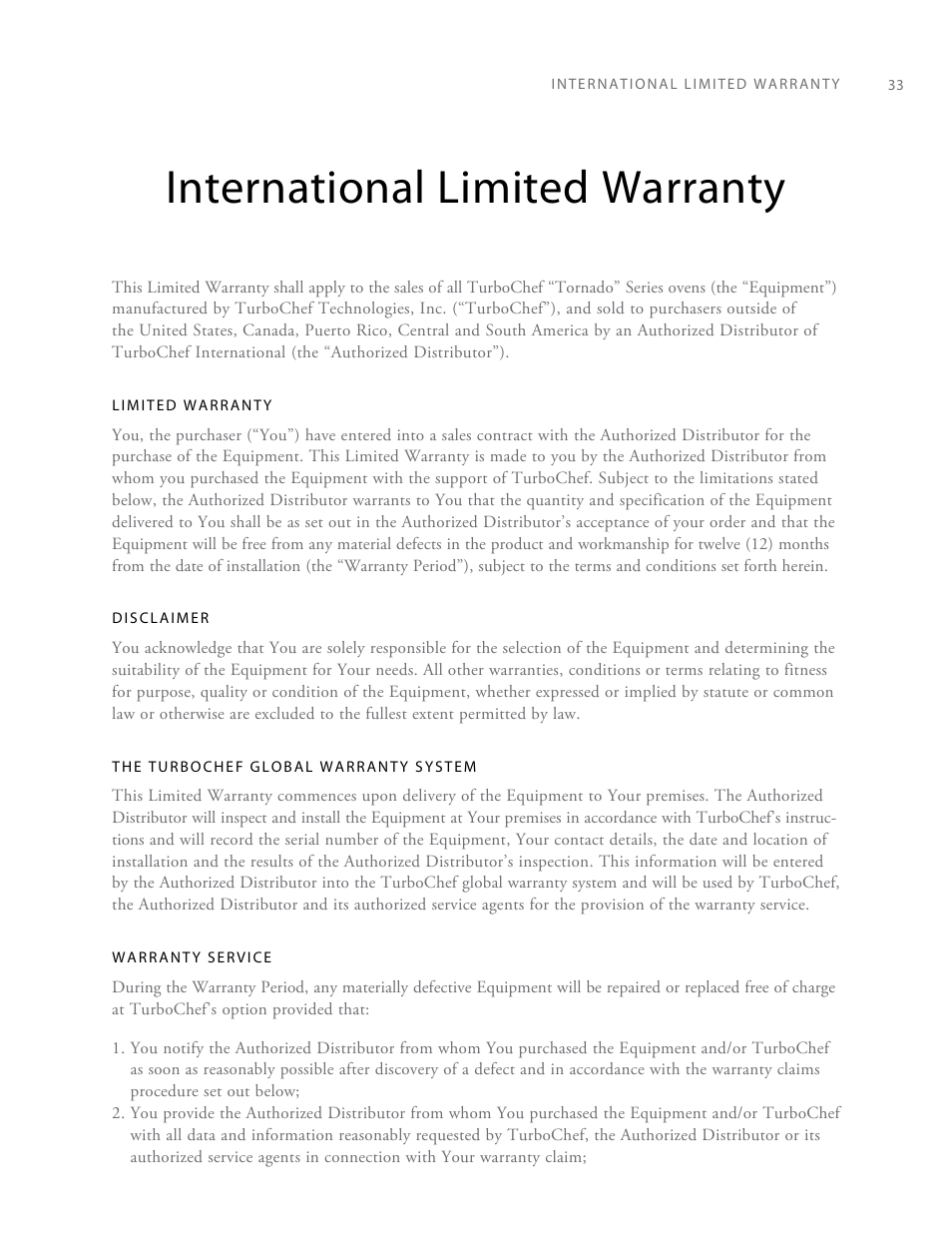 International limited warranty | TurboChef Technologies Rapid Cook Oven Tornado User Manual | Page 41 / 44
