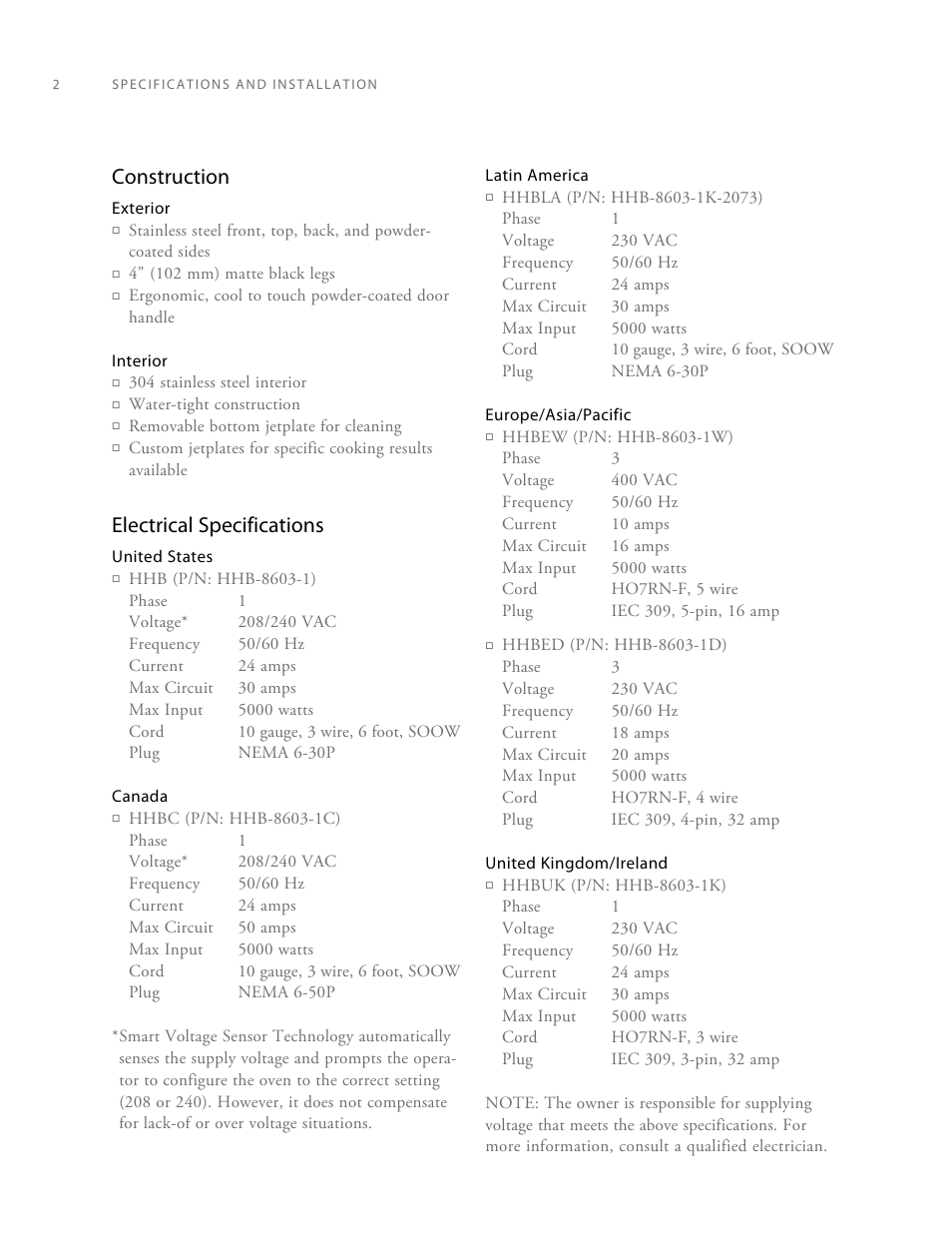 Construction, Electrical specifications | TurboChef Technologies High h Batch 2 User Manual | Page 10 / 36
