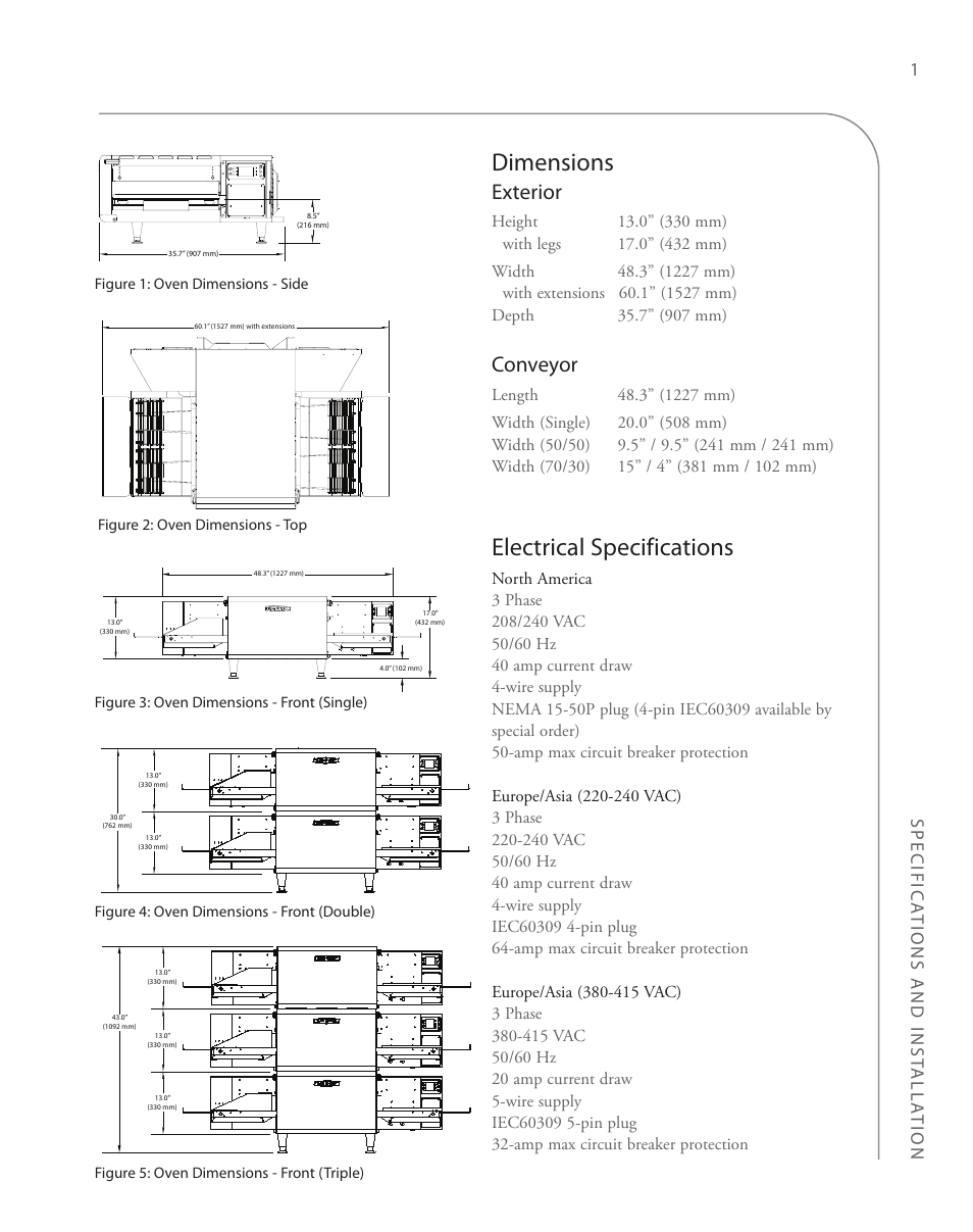 Dimensions, Electrical specifications, Exterior | Conveyor, Specific a tions and inst alla tion 1 | TurboChef Technologies 2020 User Manual | Page 11 / 76