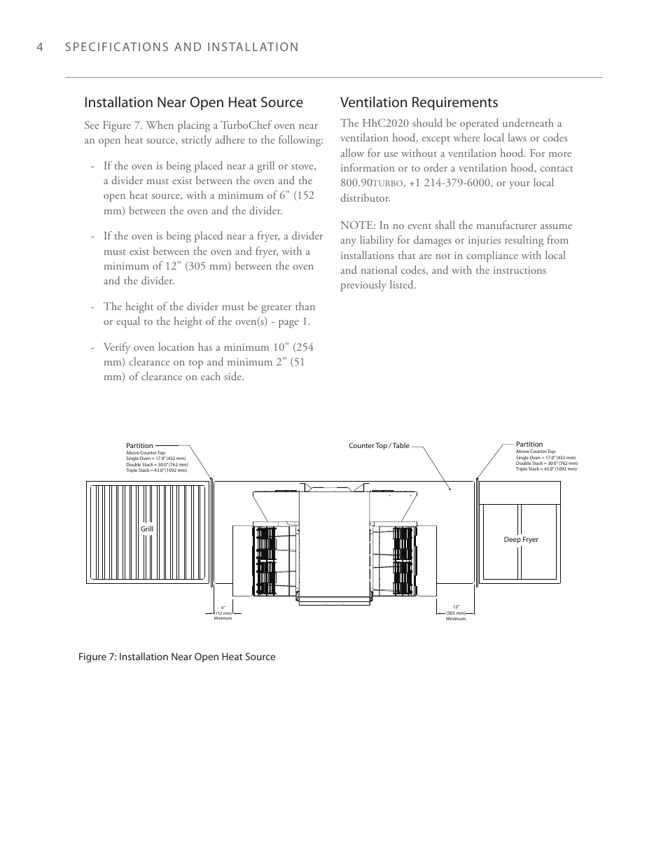 Installation near open heat source, Ventilation requirements | TurboChef Technologies 2020 User Manual | Page 14 / 76