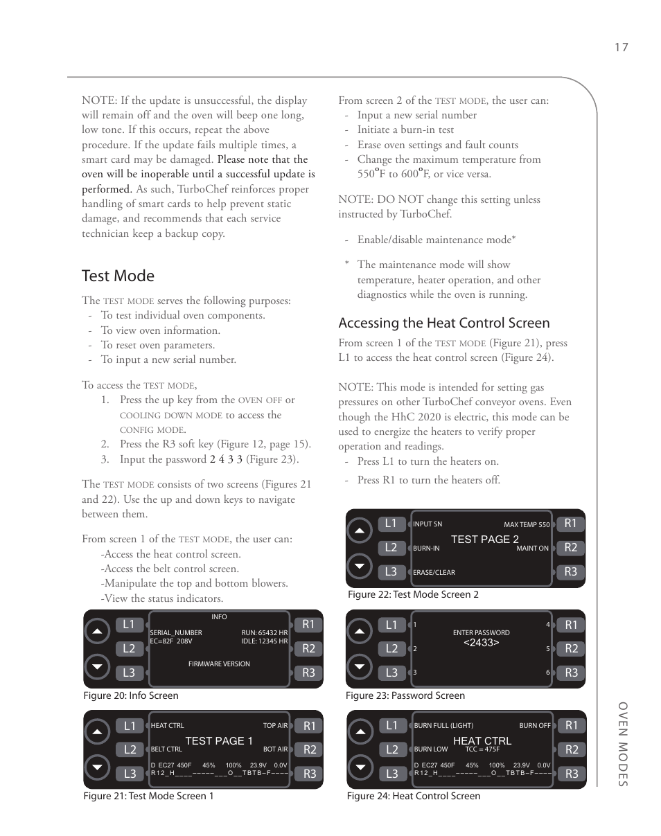 Test mode, Accessing the heat control screen, Press the up key from the | Test page 1, Test page 2, Figure 20: info screen, Heat ctrl, Figure 24: heat control screen | TurboChef Technologies 2020 User Manual | Page 33 / 76