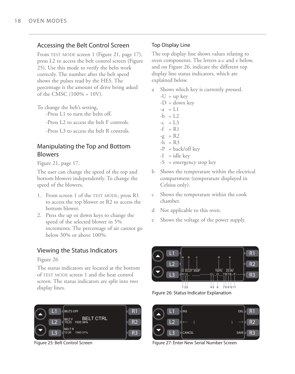 Accessing the belt control screen, Manipulating the top and bottom blowers, Viewing the status indicators | From | TurboChef Technologies 2020 User Manual | Page 34 / 76