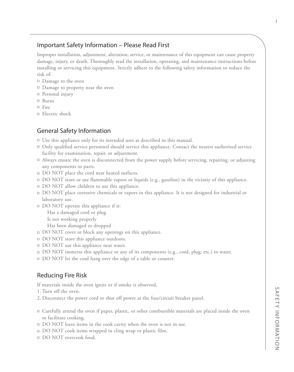 Important safety information – please read first, General safety information, Reducing fire risk | TurboChef Technologies 2020 User Manual | Page 7 / 76