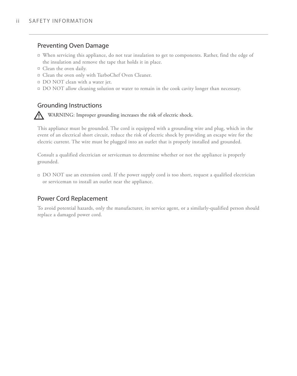 Preventing oven damage, Grounding instructions, Power cord replacement | TurboChef Technologies 2020 User Manual | Page 8 / 76