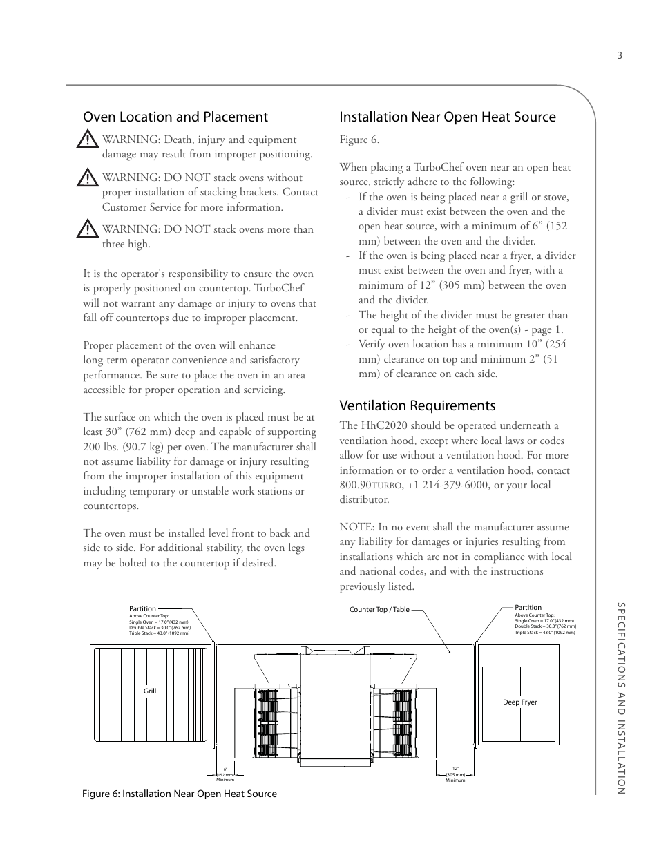 Oven location and placement, Installation near open heat source, Ventilation requirements | TurboChef Technologies 2020 HIGH h User Manual | Page 11 / 34