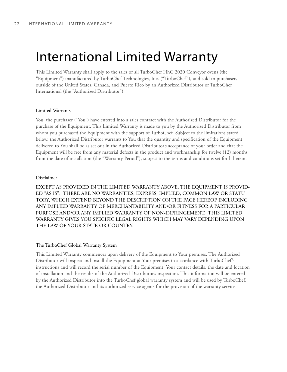 International limited warranty | TurboChef Technologies 2020 HIGH h User Manual | Page 30 / 34