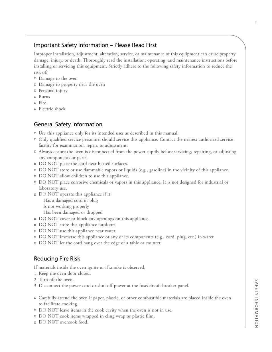 Important safety information – please read first, General safety information, Reducing fire risk | TurboChef Technologies 2020 HIGH h User Manual | Page 7 / 34