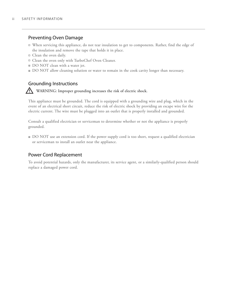 Preventing oven damage, Grounding instructions, Power cord replacement | TurboChef Technologies 2020 HIGH h User Manual | Page 8 / 34