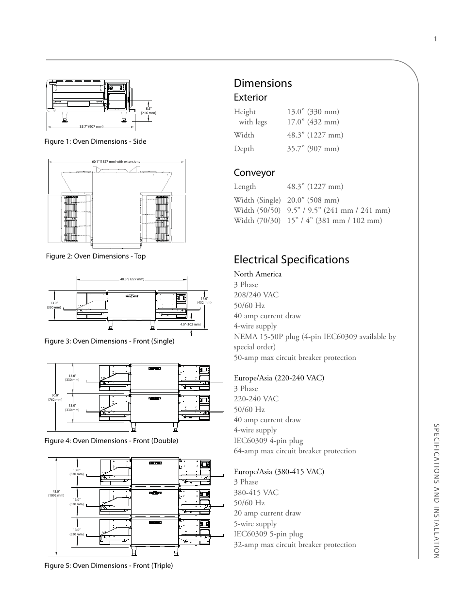 Dimensions, Electrical specifications, Exterior | Conveyor | TurboChef Technologies 2020 HIGH h User Manual | Page 9 / 34
