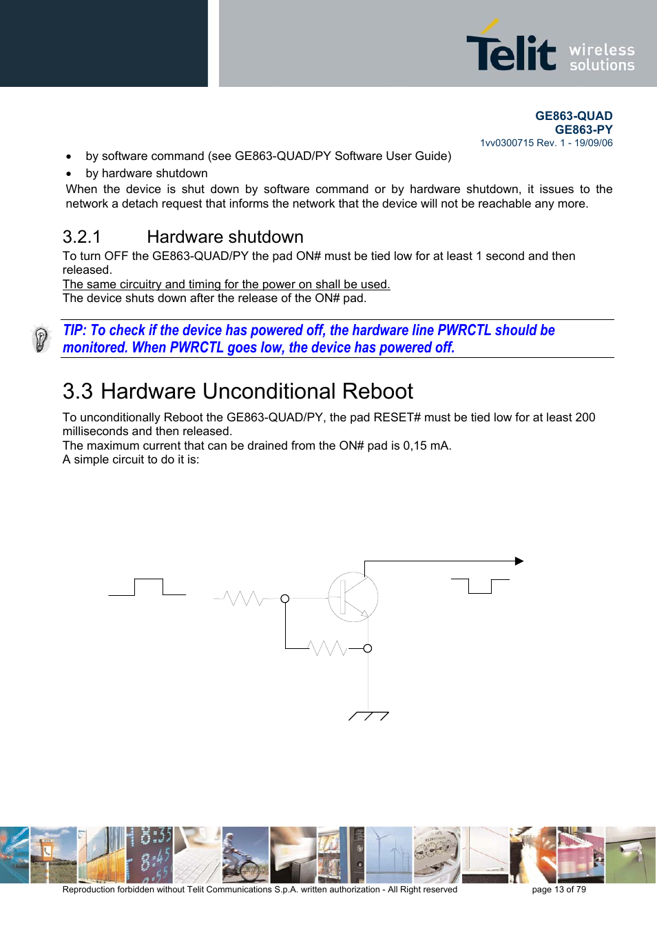 Hardware shutdown, Hardware unconditional reboot, 3 hardware unconditional reboot | 1 hardware shutdown | Telit Wireless Solutions GE863-QUAD User Manual | Page 13 / 79