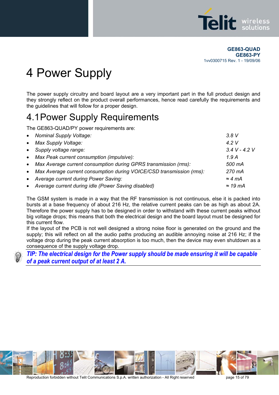 4 power supply, Power supply requirements, 1 power supply requirements | Telit Wireless Solutions GE863-QUAD User Manual | Page 15 / 79