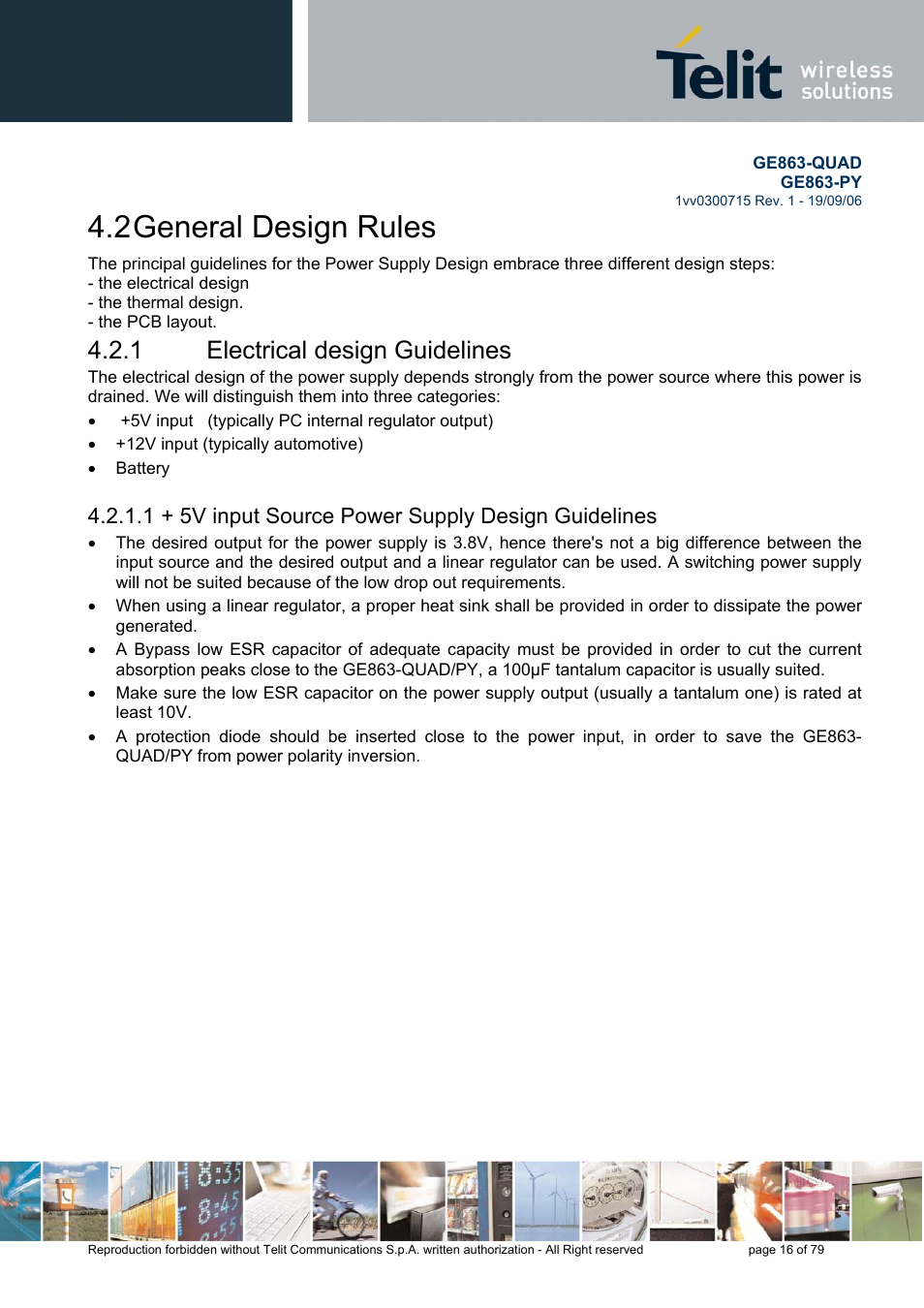 General design rules, Electrical design guidelines, 5v input source power supply design guidelines | 2 general design rules, 1 electrical design guidelines, 1 + 5v input source power supply design guidelines | Telit Wireless Solutions GE863-QUAD User Manual | Page 16 / 79