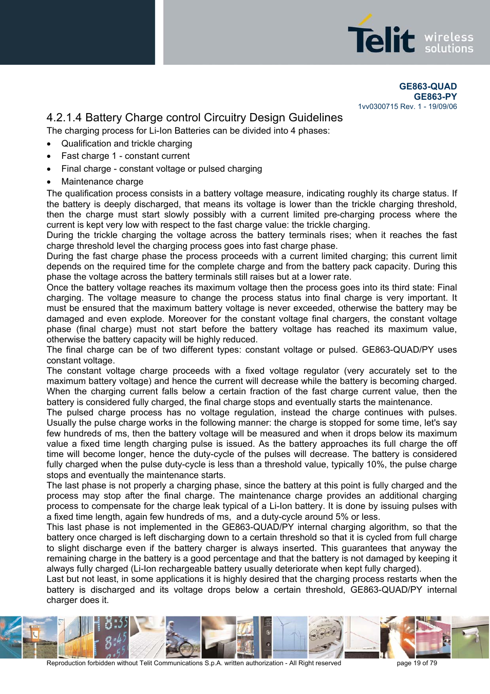 Battery charge control circuitry design guidelines | Telit Wireless Solutions GE863-QUAD User Manual | Page 19 / 79