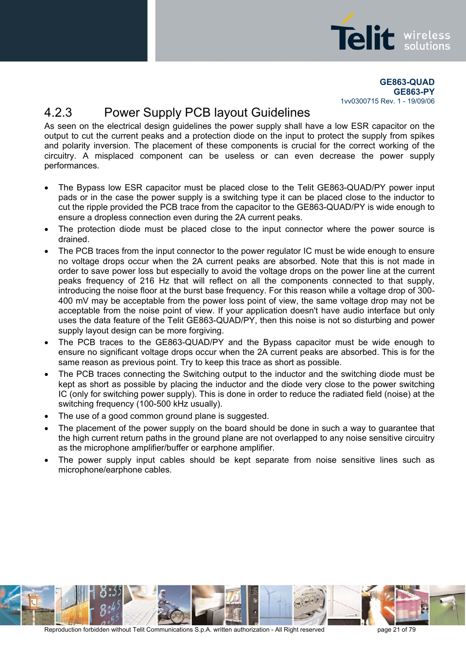 Power supply pcb layout guidelines, 3 power supply pcb layout guidelines | Telit Wireless Solutions GE863-QUAD User Manual | Page 21 / 79