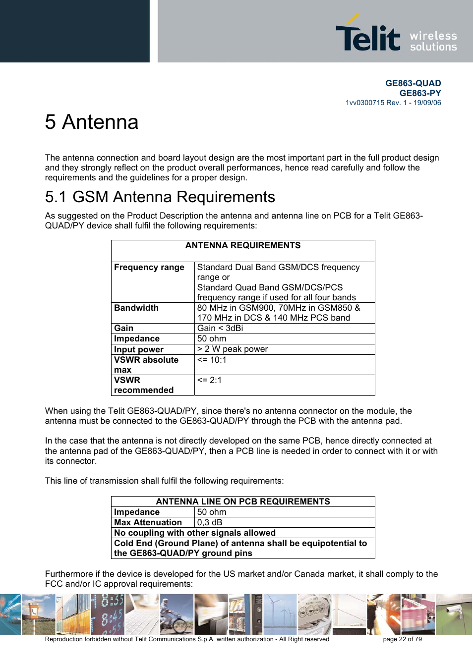 5 antenna, Gsm antenna requirements, 1 gsm antenna requirements | Telit Wireless Solutions GE863-QUAD User Manual | Page 22 / 79