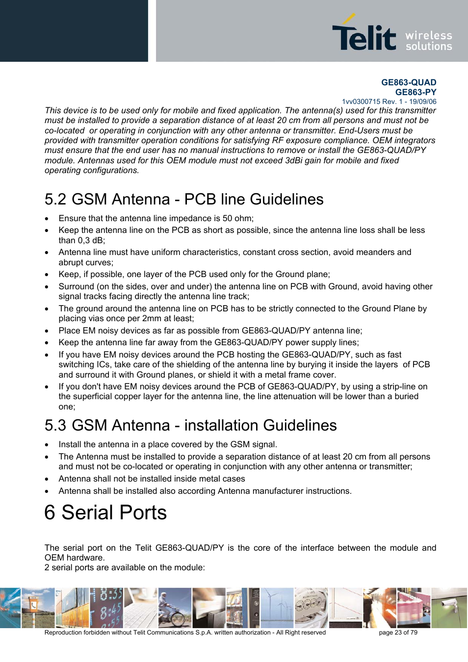 Gsm antenna - pcb line guidelines, Gsm antenna - installation guidelines, 6 serial ports | 2 gsm antenna - pcb line guidelines, 3 gsm antenna - installation guidelines | Telit Wireless Solutions GE863-QUAD User Manual | Page 23 / 79