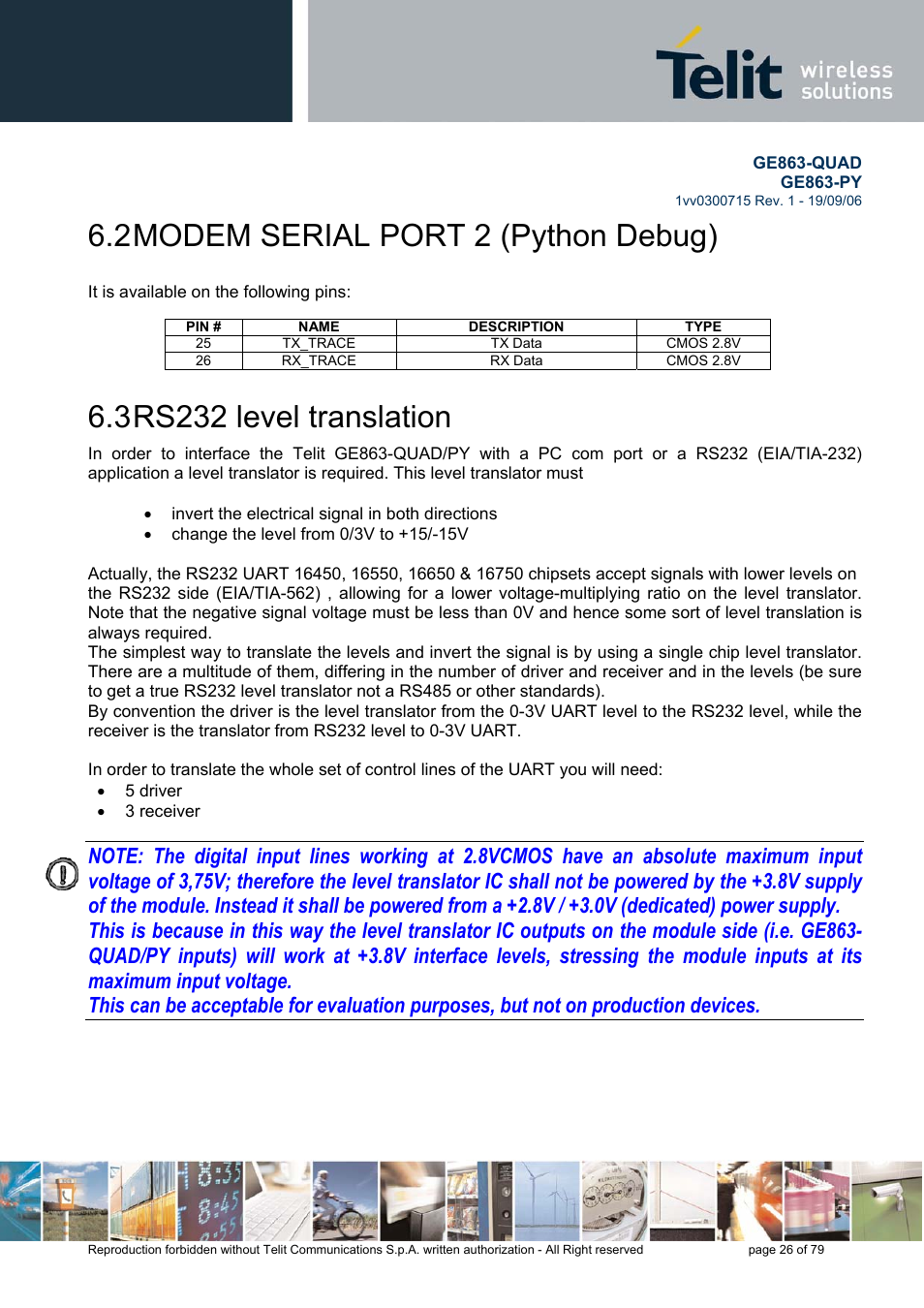 Modem serial port 2 (python debug), Rs232 level translation, 2 modem serial port 2 (python debug) | 3 rs232 level translation | Telit Wireless Solutions GE863-QUAD User Manual | Page 26 / 79