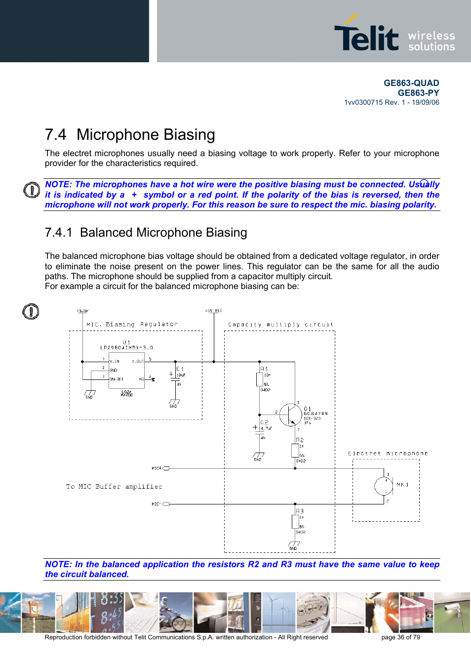 Microphone biasing, Balanced microphone biasing, 4 microphone biasing | 1 balanced microphone biasing | Telit Wireless Solutions GE863-QUAD User Manual | Page 36 / 79